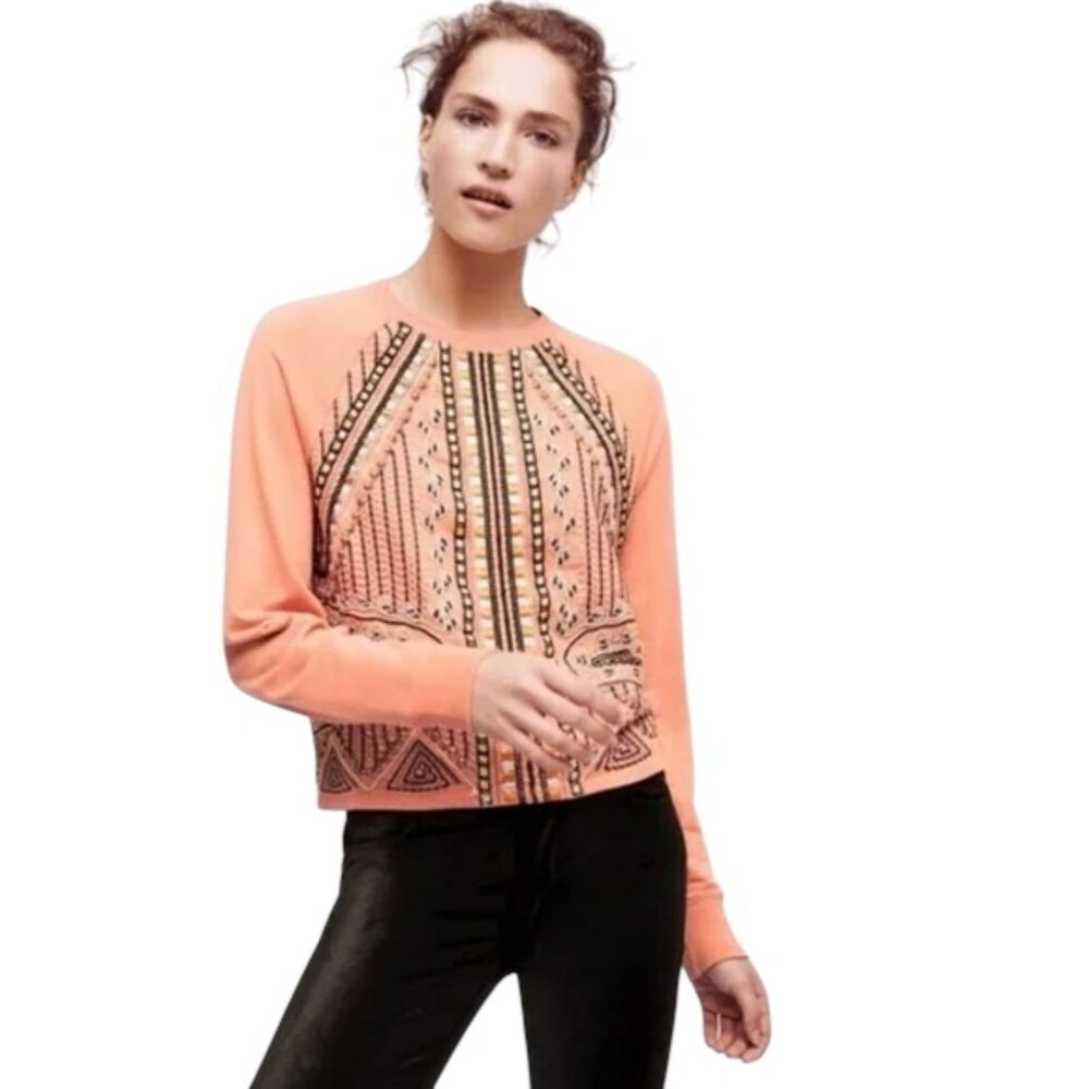 Akemi‎ + Kin Coral Orange Beaded Embroidered Boho Sweatshirt Top Womens Medium